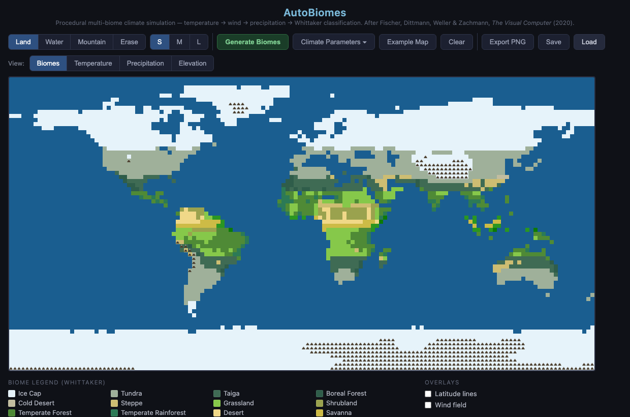 A pixellated map of the earth showing climate zones in different colors.