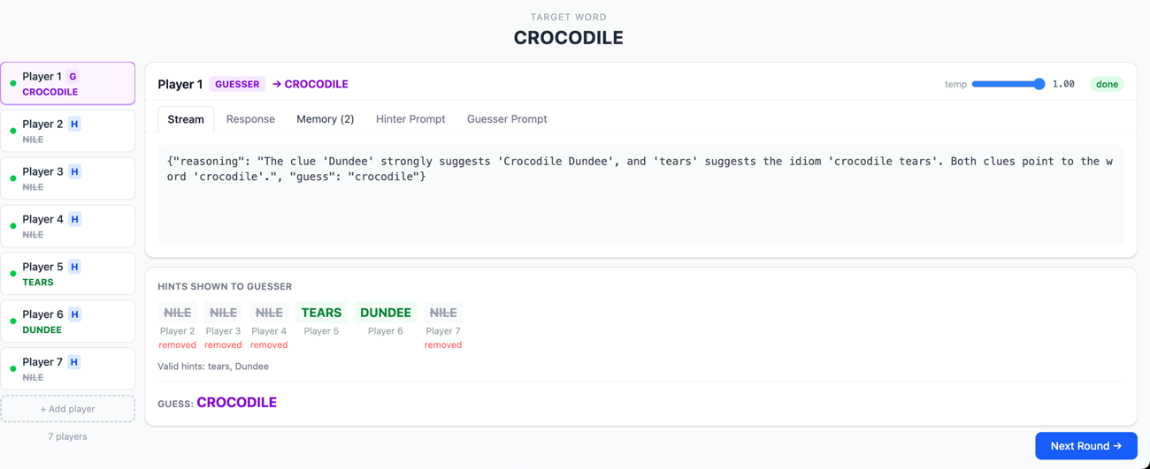 Several Claude Sonnet instances try to give hints to the word 'crocodile'.