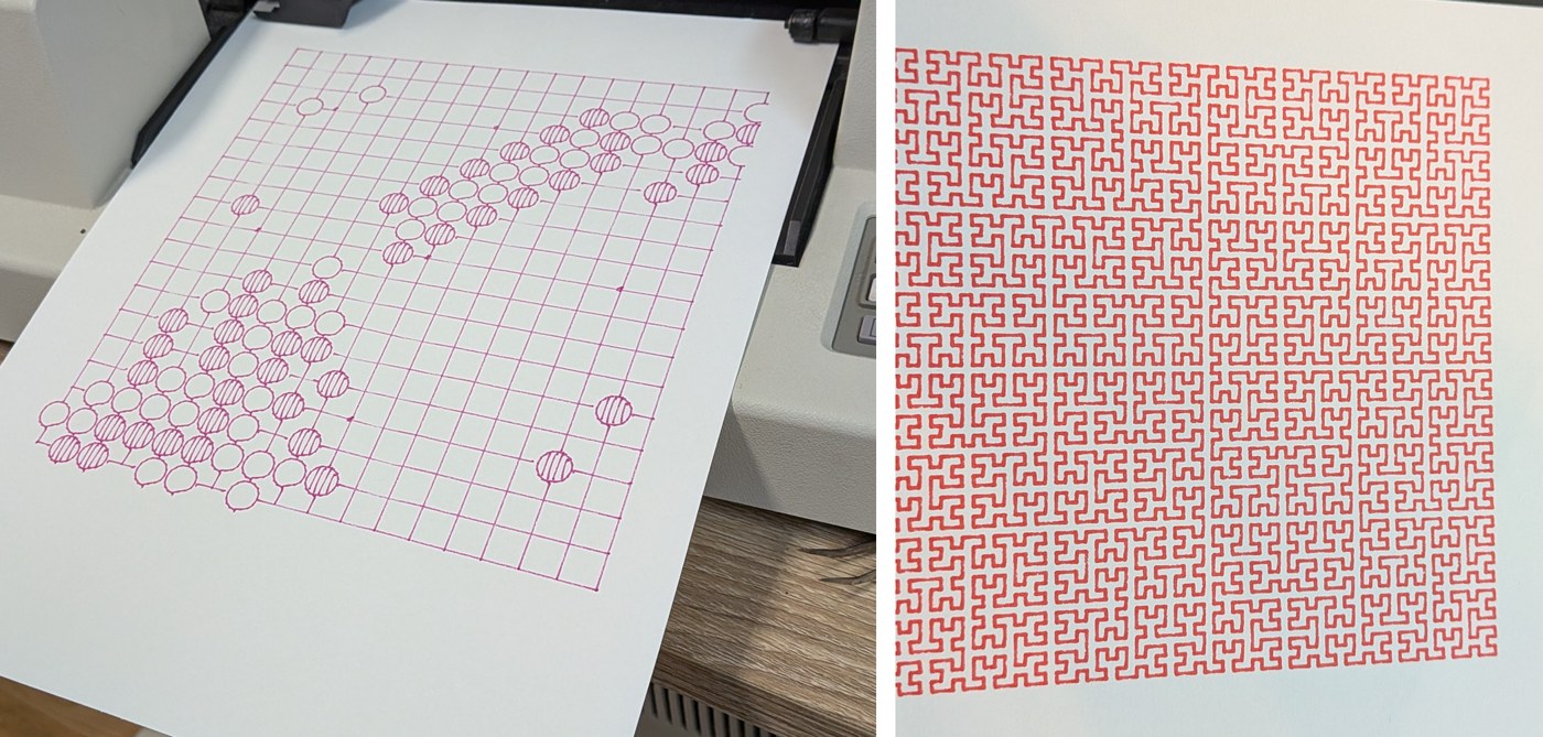 A snapshot of the broken ladder game and a Hilbert curve, printed with the pen plotter.